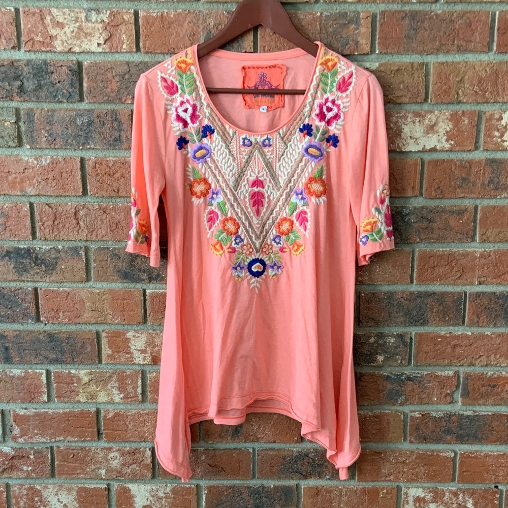 Johnny Was Embroidered Peach Half Sleeve Top